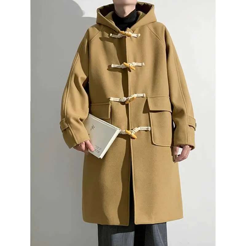 Mens Long Wool Duffle Coat, Autumn Winter Warm, 100% Wool, Punk