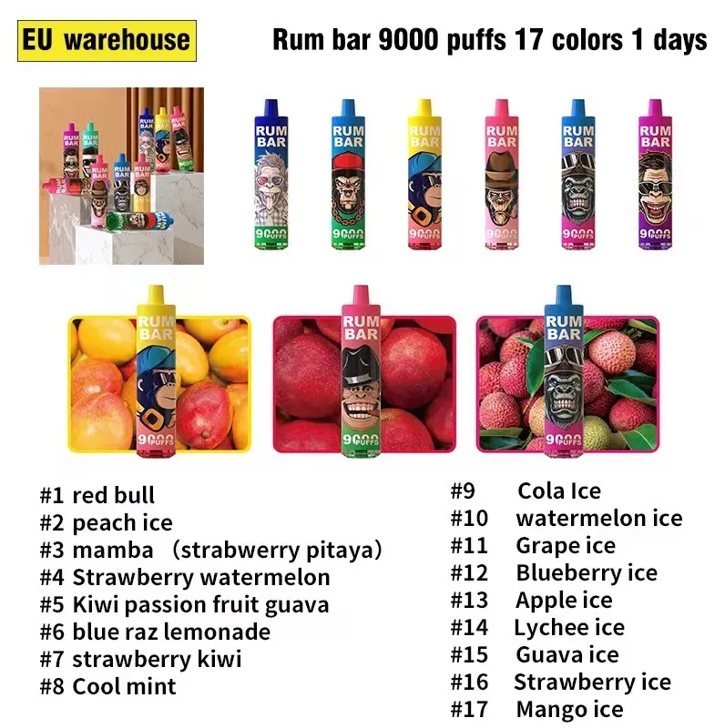 Original Rum Bar 9000 Puffs Versand aus europäischen Lagerhäusern Einweg E -Zigaretten Vape Stift Luftstrom Puff 9k 2% 5% wiederaufladbare Batterie 18ml 17 Colors