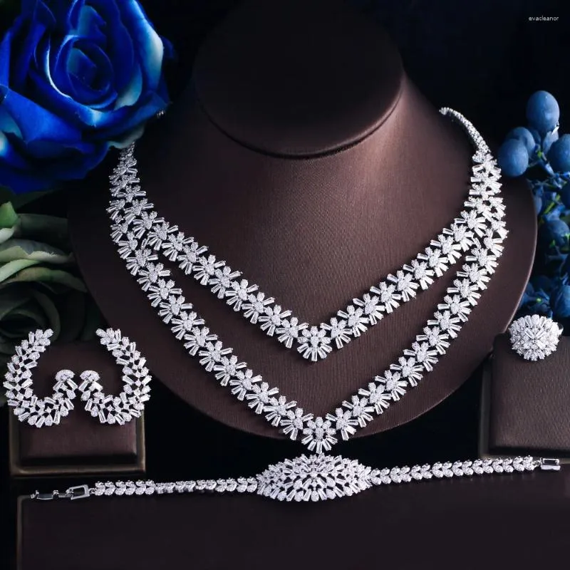 أقراط القلادة مجموعة Beaqueen 4pc Zircon Brilliant Cubic Big 2 Jewelry for Women Dubai Saudied Bress Prety JS413