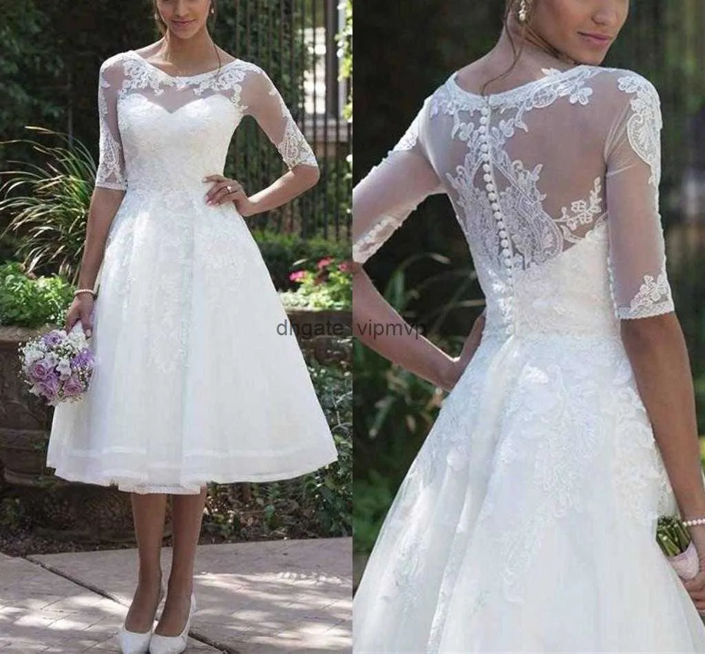 Abiti da sposa vintage abito da sposa 1/2 maniche mezze maniche applique a corto corto -ginocchia su misura per il ginocchio più olestidos de nolia