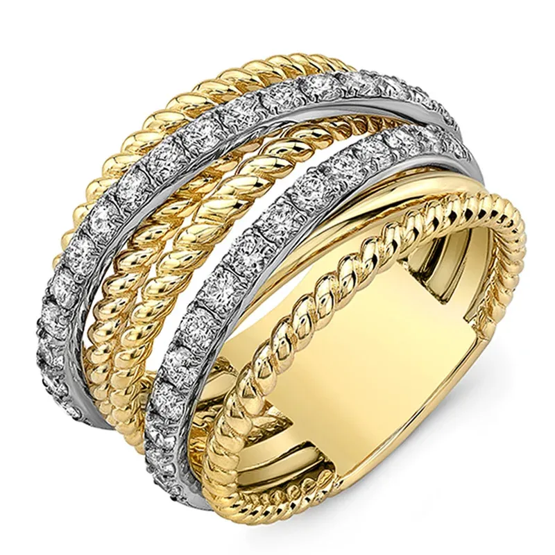 Band Huitan Fancy Cross Twist Twine Women Ring Gold Color med Micro Crystal Zircon Stone Delicate Wedding Rings Lady Fashion Jewelry