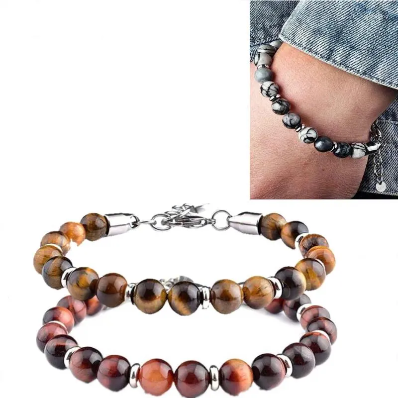 Charm Bracelets 8mm Tiger Eye Beads Strand Men Women Stainless Steel Chain Colorful Natural Stone Bracelet Male Jewelry Gift