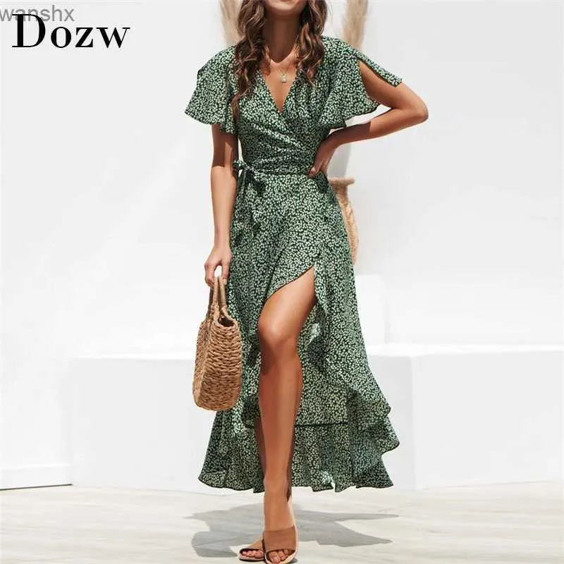 Basic Casual Jurken Summer Beach Maxi Dress Women Floral Print Boho Long Chiffon Dress Ruffles Wrap Casual V-Neck Split Sexy Party Dress Robel2404