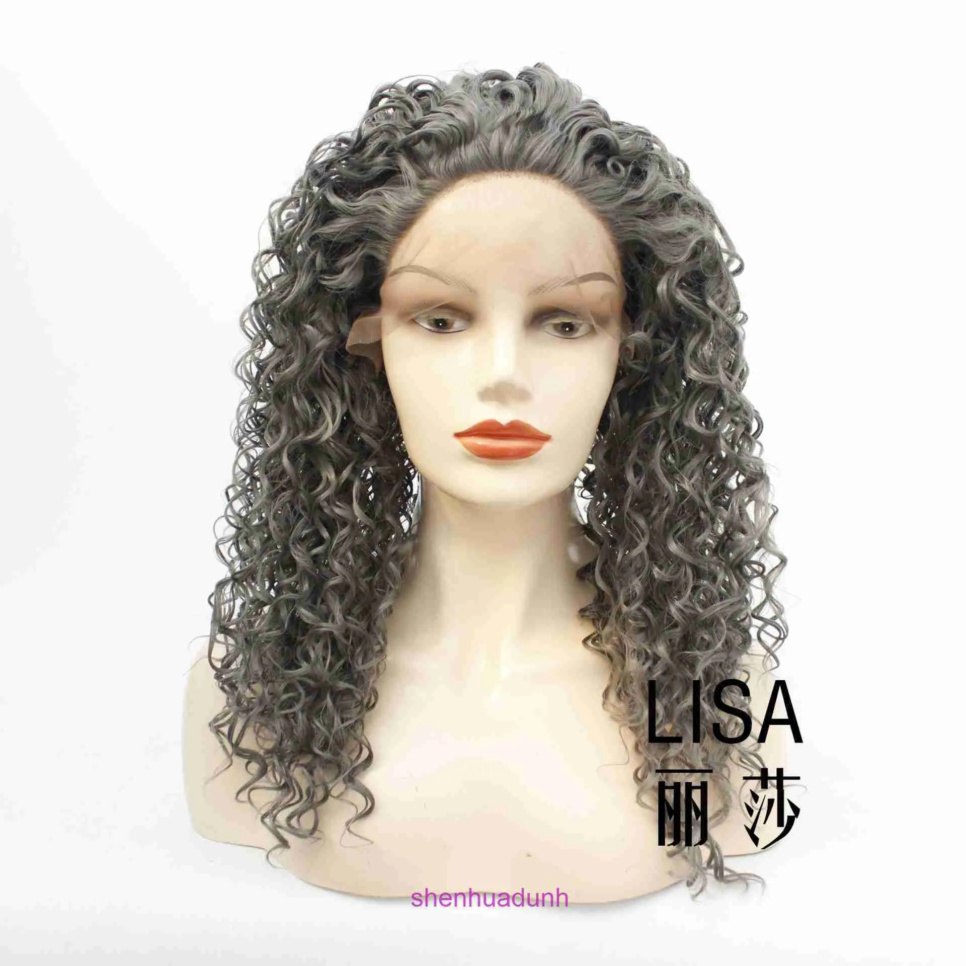 Kemisk fiber peruk fashionabla mörkgrå litet lockigt hår halvhand vävt front spets pannband stil