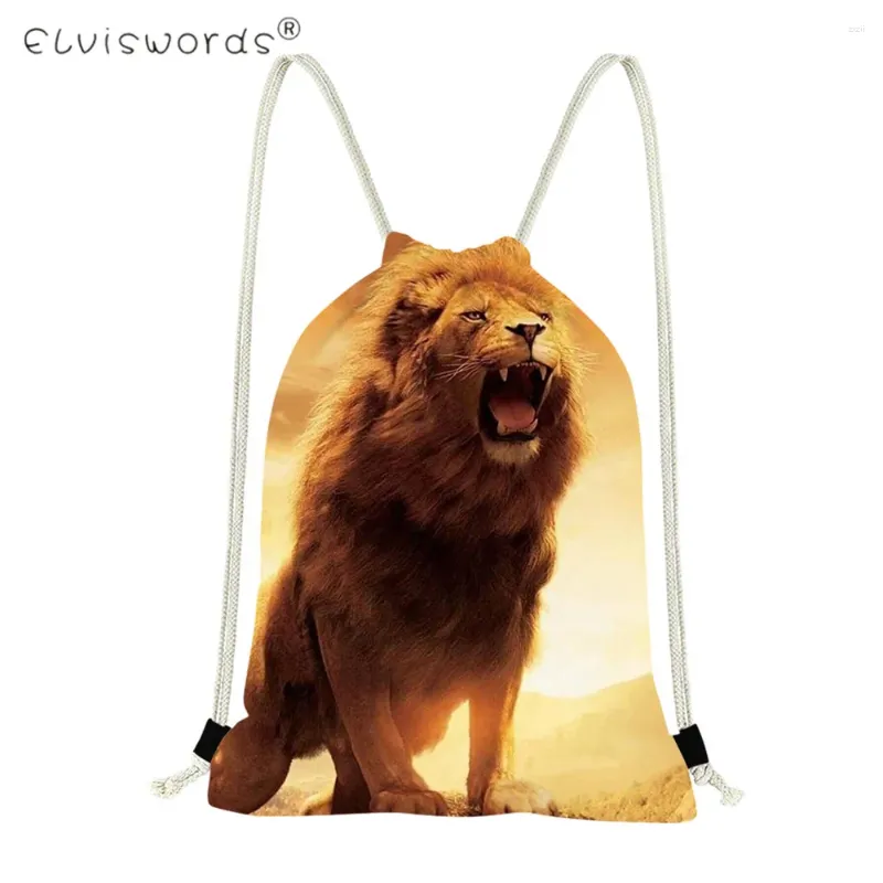 DrawString Elviswords Soft Bags Animal Lion Printed Storage Kids pojkar Girls Custom Gift Beach Backpake High Capacity