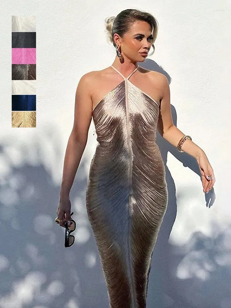 Casual klänningar 2024 Kvinnor Sexig grimma backless Solid Vintage Bodycon Long Dress Summer Fringe Tassel Club Party Prom Maxi Strap