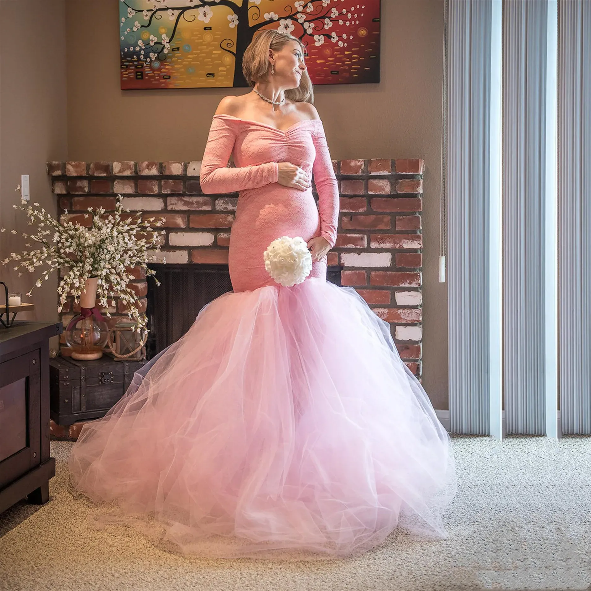 Klänningar rosa bodycon baby shower klänning stretchy spets tulle moderskapsfoto skytte maxi klänning golv längd