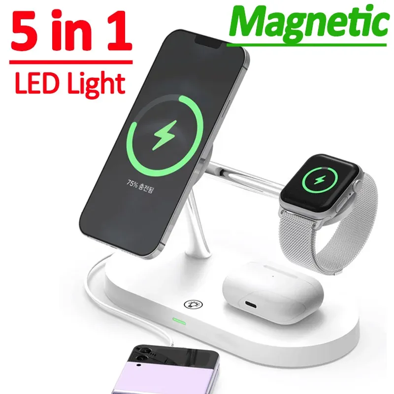 充電器5 in 1磁気ワイヤレス充電器スタンドiPhone 14 13 12 Pro Max Apple Watch AirPods 15W USB LED高速充電ステーション