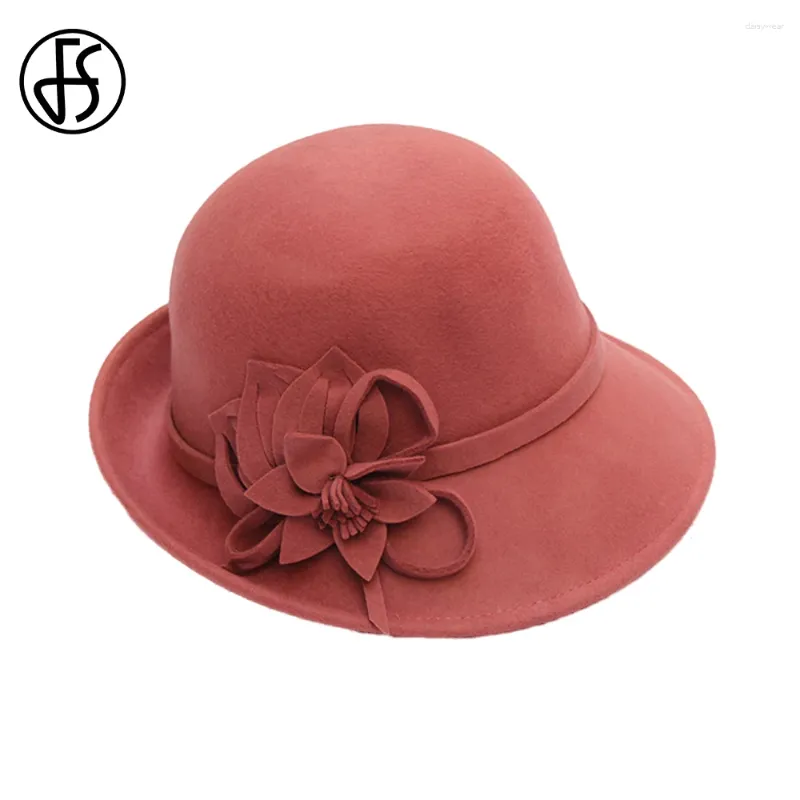 Boinas FS 2024 Lã Felta Fedora Little Top Hats for Woman Flower Bucket Cap Lady Spring Moda Feminina Millinery de Lã Feminino