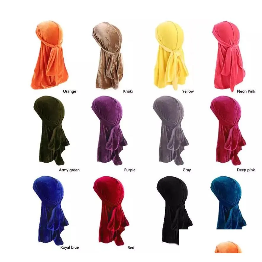 Banie / Caps de crâne Nouveaux hommes Femmes Bandana Veet Turban Hat Durag Hip Hop Headwear Headscarf Long Tail Headwrap Skl Cap Pirate for and Dro Dh7ia