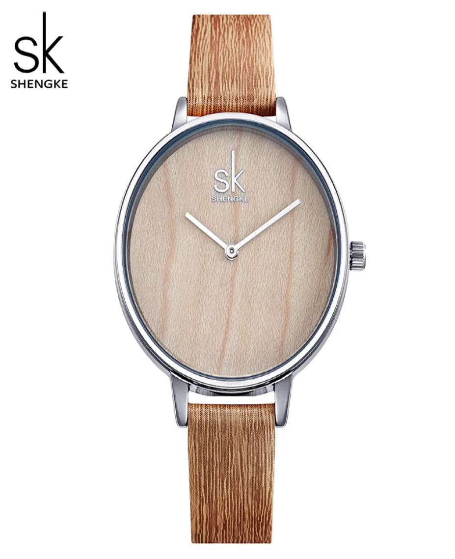 Shengke New Creative Women Watches Casty Fashion Wood Leather Watchシンプルな女性のクォーツ腕時計Relogio Feminino8840797