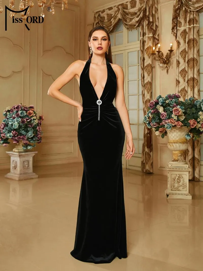 Повседневные платья Missord Chic Elegant Formal Deep V-образное блюд бархат Black Romaid Коктейль вечернее платье