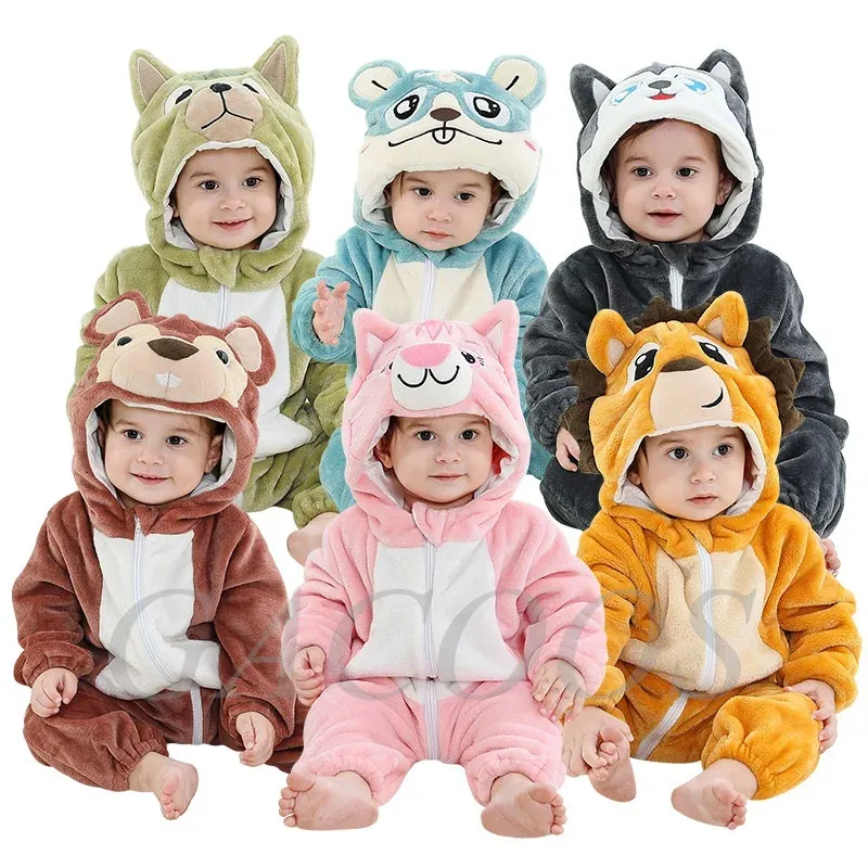 Jednoczęściowe urocze kreskówka baby rompers flanel jednorożca tygrys panda piżama bawełna niemowlęca dziewczyna kostium zwierzęcy kombinezon kigurumi strój