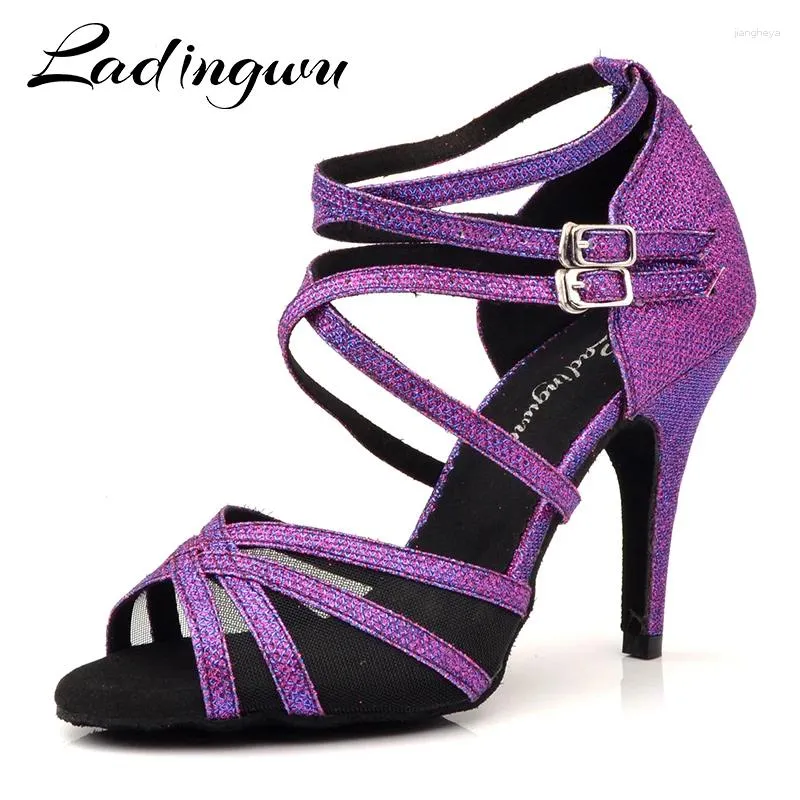 Tanzschuhe Ladingwu Latin lila Blitztuch Größe US 3,5-12 10 cm Fersenhöhe Professionelle Salsa für Frauen