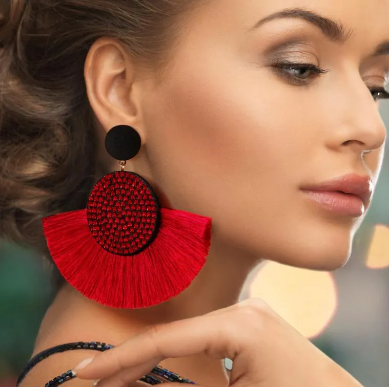 Bicux Fashion Boheemian Tassel Crystal Big oorbellen Zwart Wit Red Silk Fabric Druppel