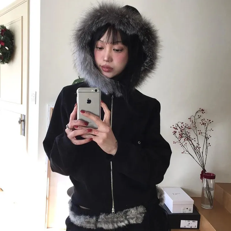 Karrram Japanese Y2K Fur Coat For Women Vintage Black Hooded Karrram Japanese Y2K Fur Coat For Women Vintage Black Hooded