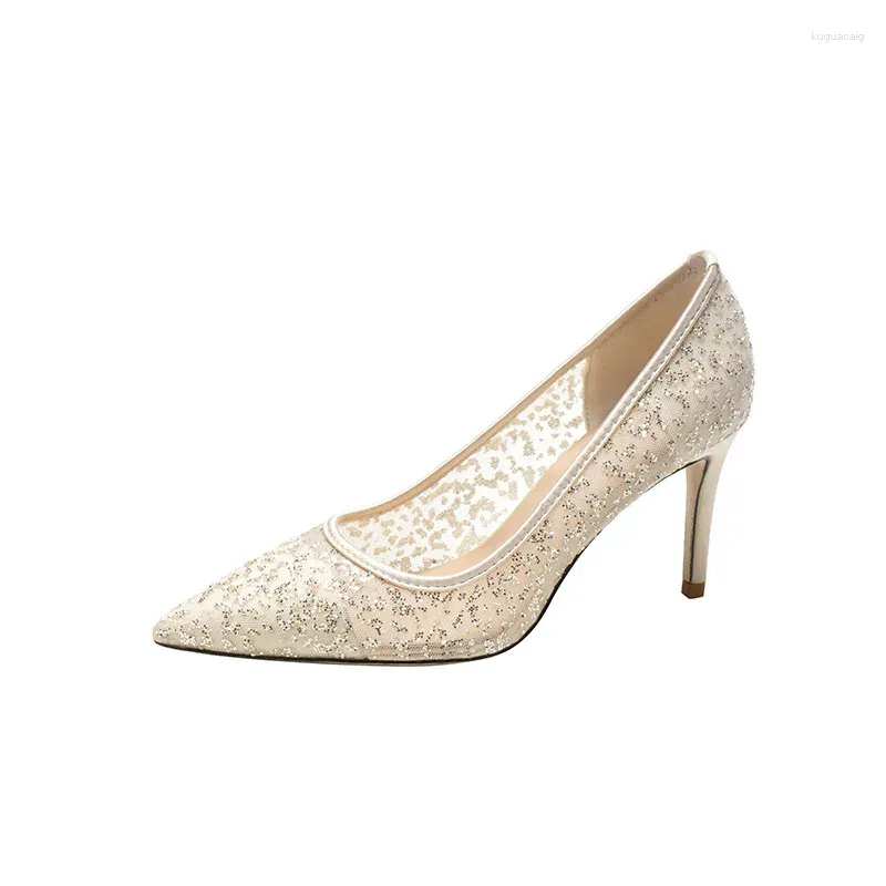 Kleiderschuhe dünne Heels Pailletten sexy Mesh Braut Hochzeit Brautjungfernspitzen Bankett Kristall hoch