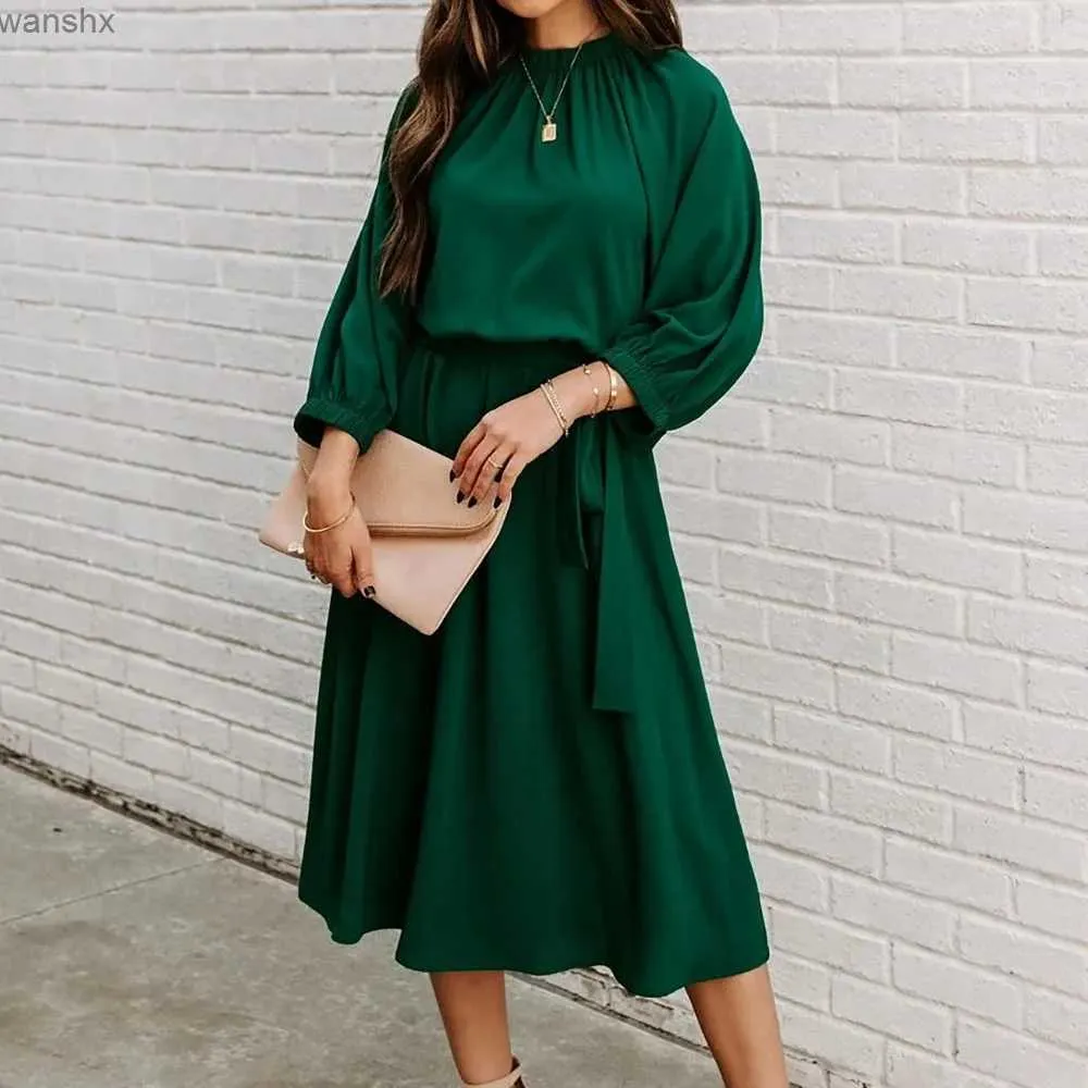 Urban Sexy Dresses Summer Green Full Sleeve Plain Maxi Dress Blouson Dress Skater Dress Solid Lantern Round Neck Medium Stretch Belted Midi DressL2404