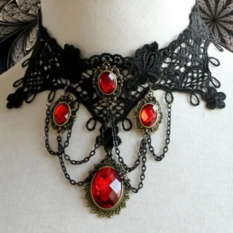 Colliers Fashion Cocktail en soirée Robe de fête bijoux victorien gothique victorien Halloween Rouge rouge Charmes Vampire Collier Maxi Collier Choker