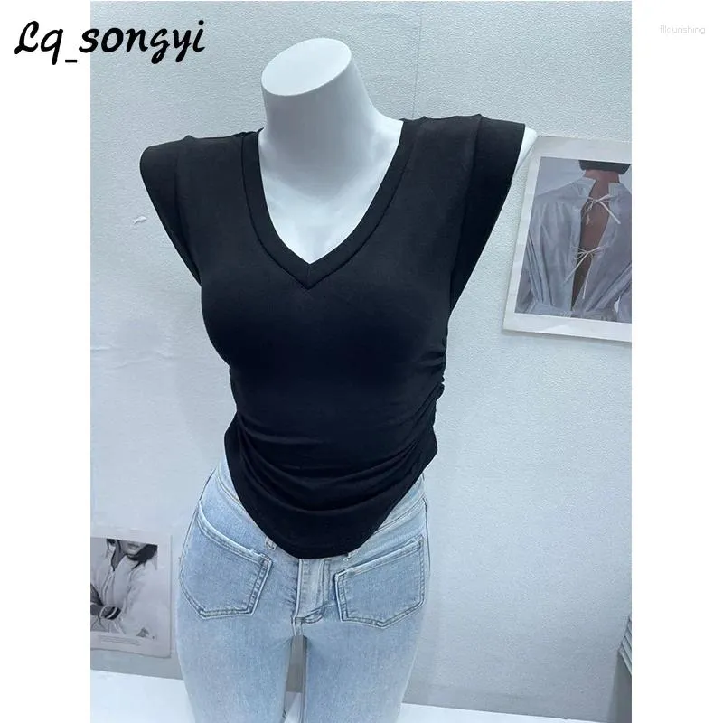 Frauen T -Shirts LQ_Songyi Basic v Neck Frauen 2024 Sommer Festpops Seitenfalten Kurzarm Hemd High Streche Slim Fit Top Top