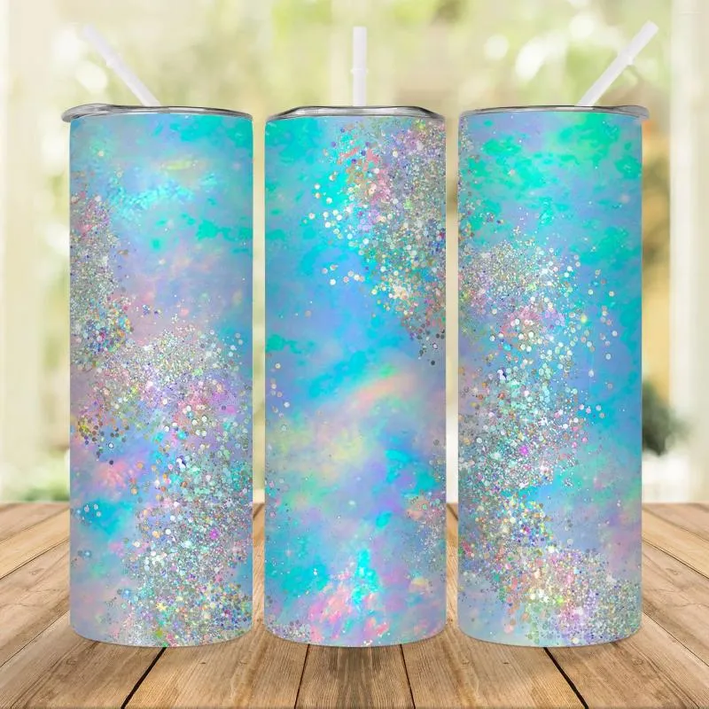 Waterflessen 1 st blauw glinsterend glitterpatroon tumbler 20oz roestvrijstalen fles geïsoleerde rechte bekers buiten reisaccessoires