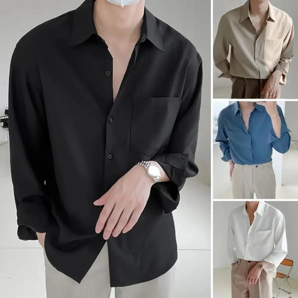 Casual Men Rapel Rapel Lange mouw Single Breasted Patch Pocket Draped Shirt Slim Fit Solid Color Business Dress Top 240418