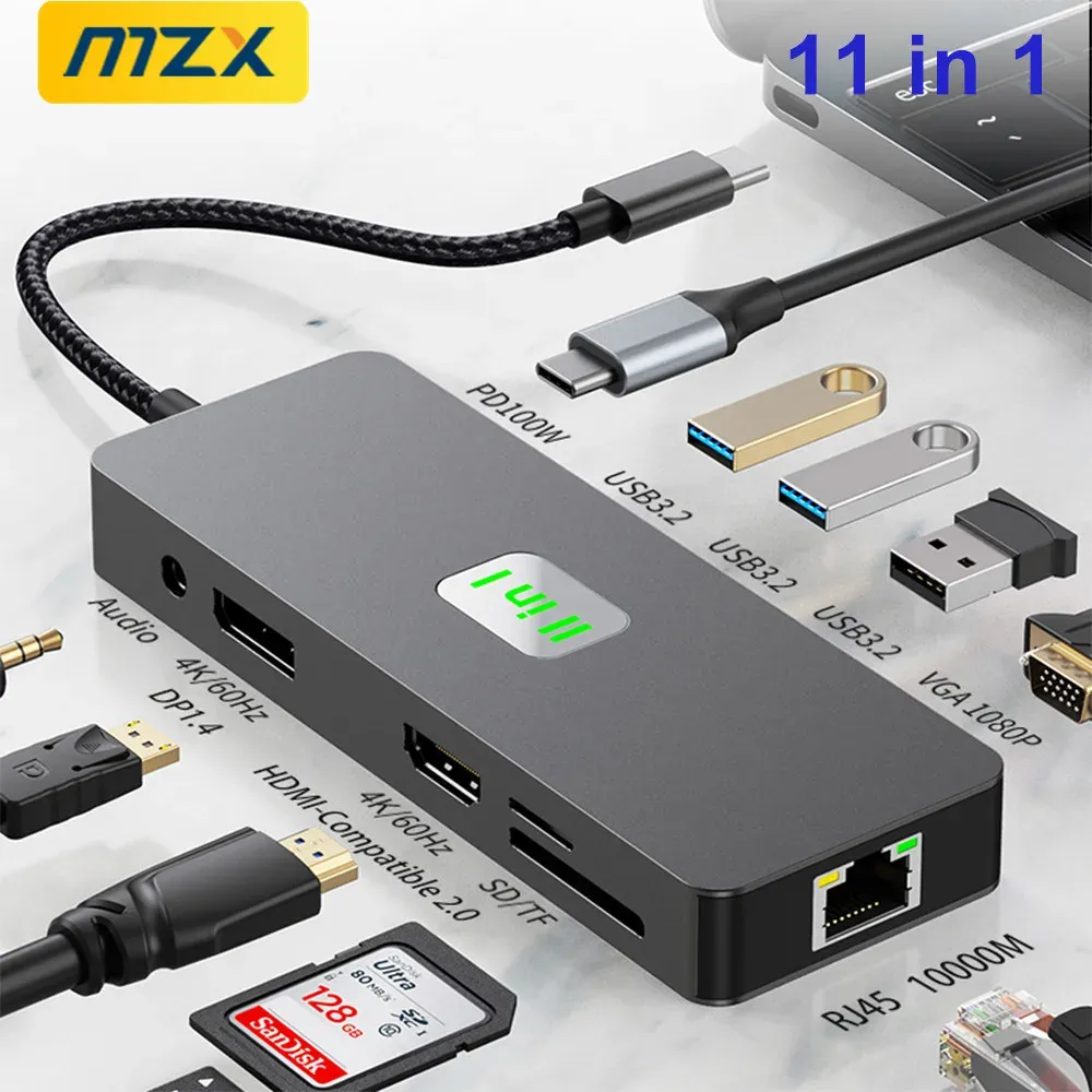 HUBS MZX 11IN1 DOCK Station USB 3.2 HUB MST 4K 60 Hz HDML DP VGA 1000M RJ45 Extension Tipo C Typec Typ PD100W Docking Concentrator