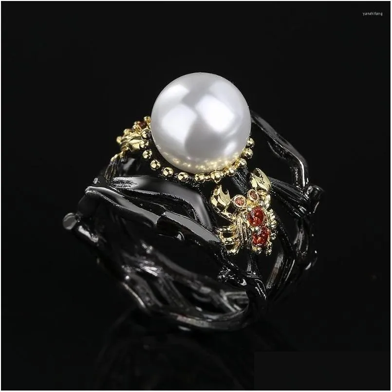 Clusterringe Mode eingelegt Pearl Black Gold Ring für Frauen Bohemian Style Juwely High Hand Made Party Engagement Drop Lieferung Dhqsd