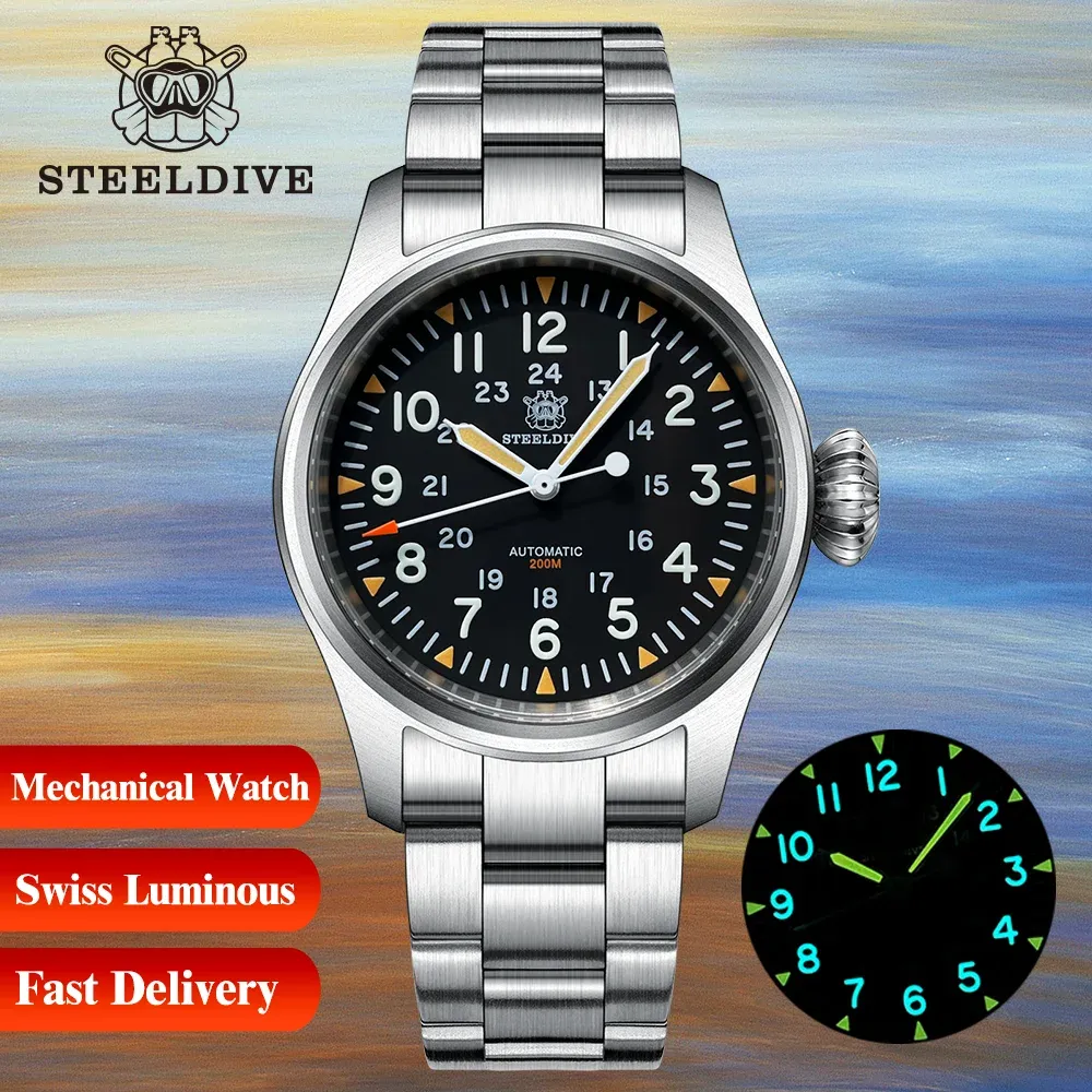 Uhren Stahldive SD1928H Pilot Sapphire Crystal NH35 Bewegung 20BAR WASHEROFTE SCHWISSE SUPER LEULNEL LUXURY Mechanical Watch 10mm Krone