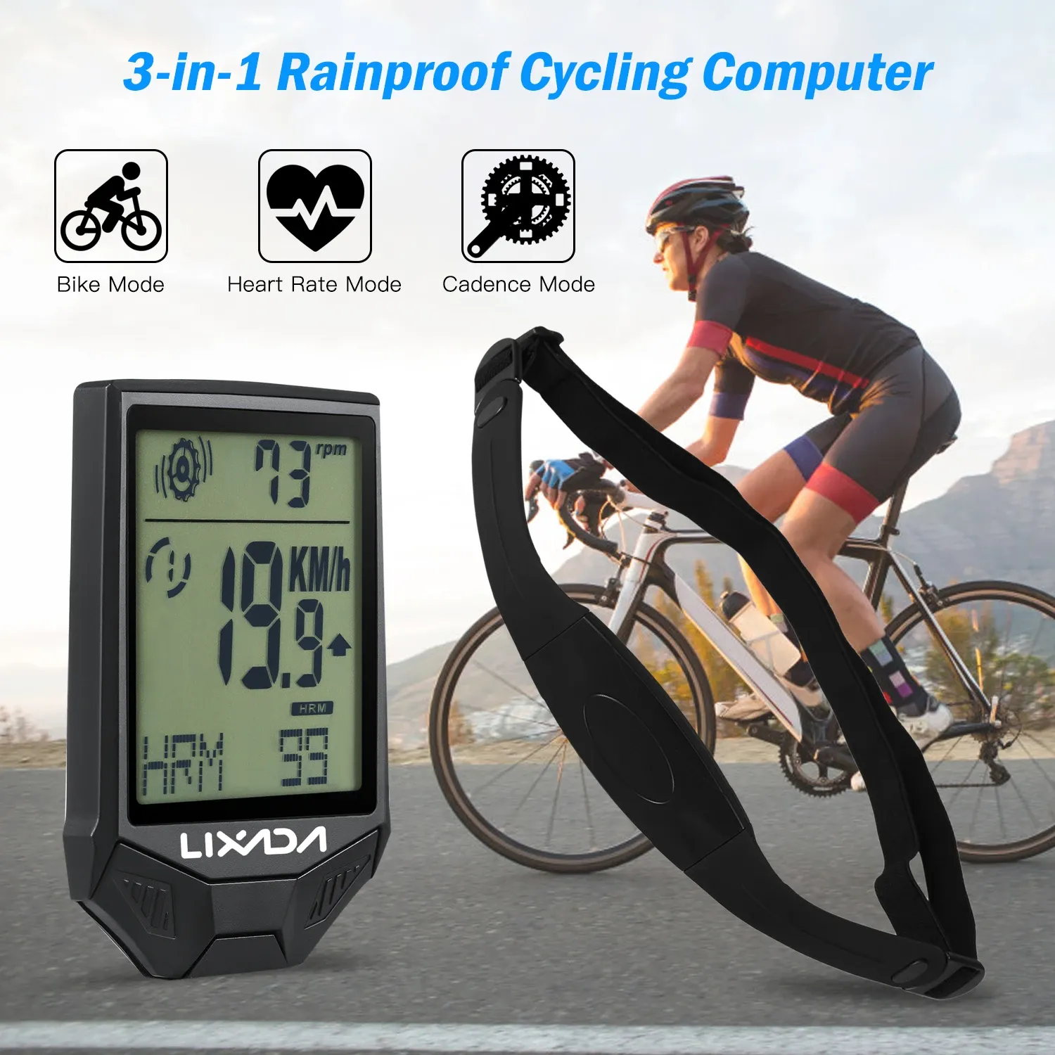 Ordinateurs Lixada Bicycle Computer Multifonctionnel Araproping Cycling Computer Backlight LCD Bike Speedomètre Capteur de fréquence cardiaque sans fil