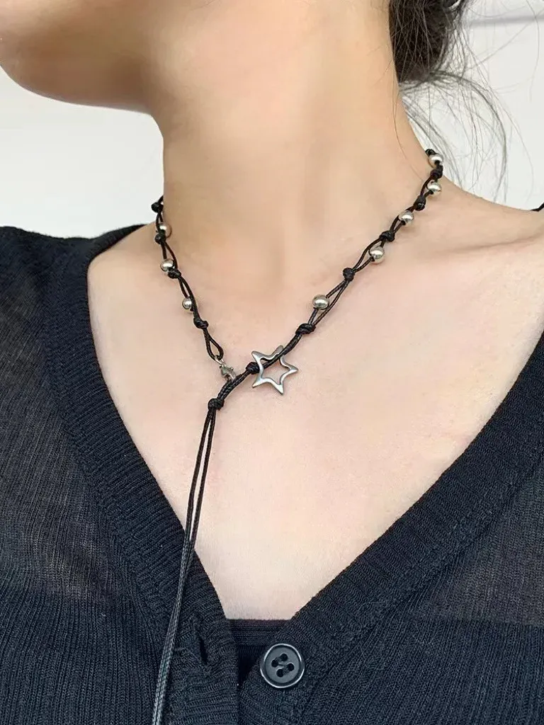 Halsketten Vintage Star Pentagramm Beads Wachs Seil Quasten Halskette für Frauen Y2K Boho Sommer -Schlange Nackenkette 2023 Modeschmuck