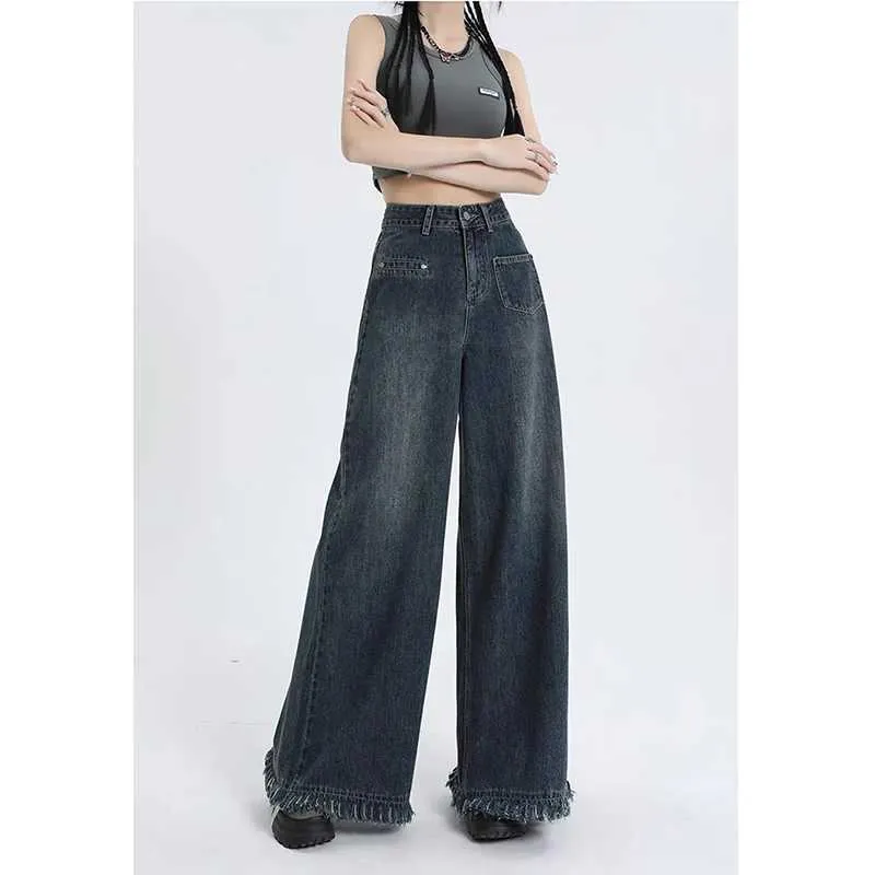 Dżinsowe dżinsy Women Dżinsy Gorąca dziewczyna workowate dżinsy Y2K strt vintage myte, aby zrobić stare smażone proste dżinsowe spodnie dla kobiet Y240422