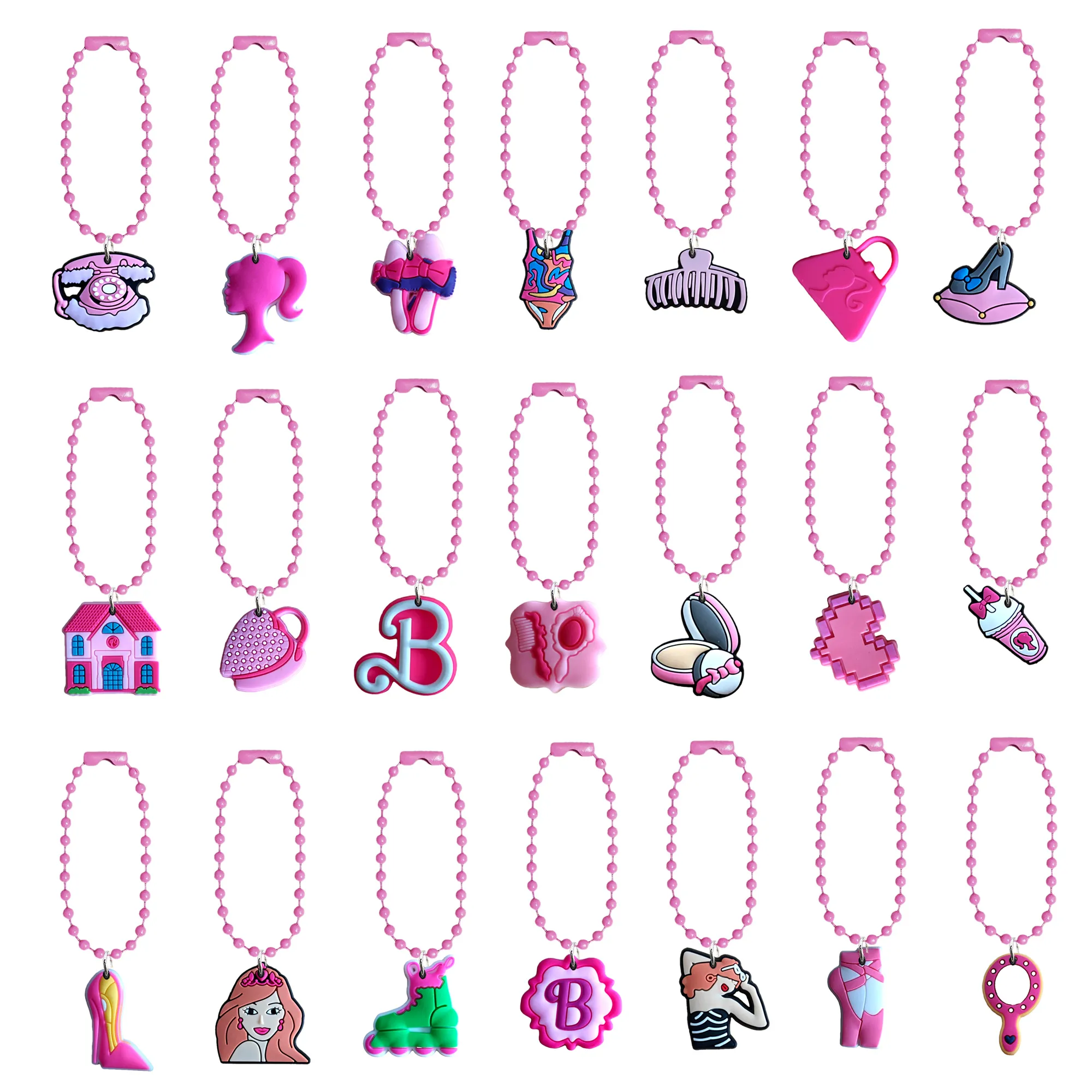 Keychains Bedanyards 21pcs Cartoon Keychain Bead Pink Charm Key Ring Anel pendurado Acessórios de jóias para bolsas para meninas sapatos de pulseira dro otvix