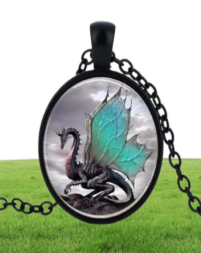 Longs pendentifs time gemm collier animal bleu dragon convexe rond en verre bijoux fait à la main trois du 5970313