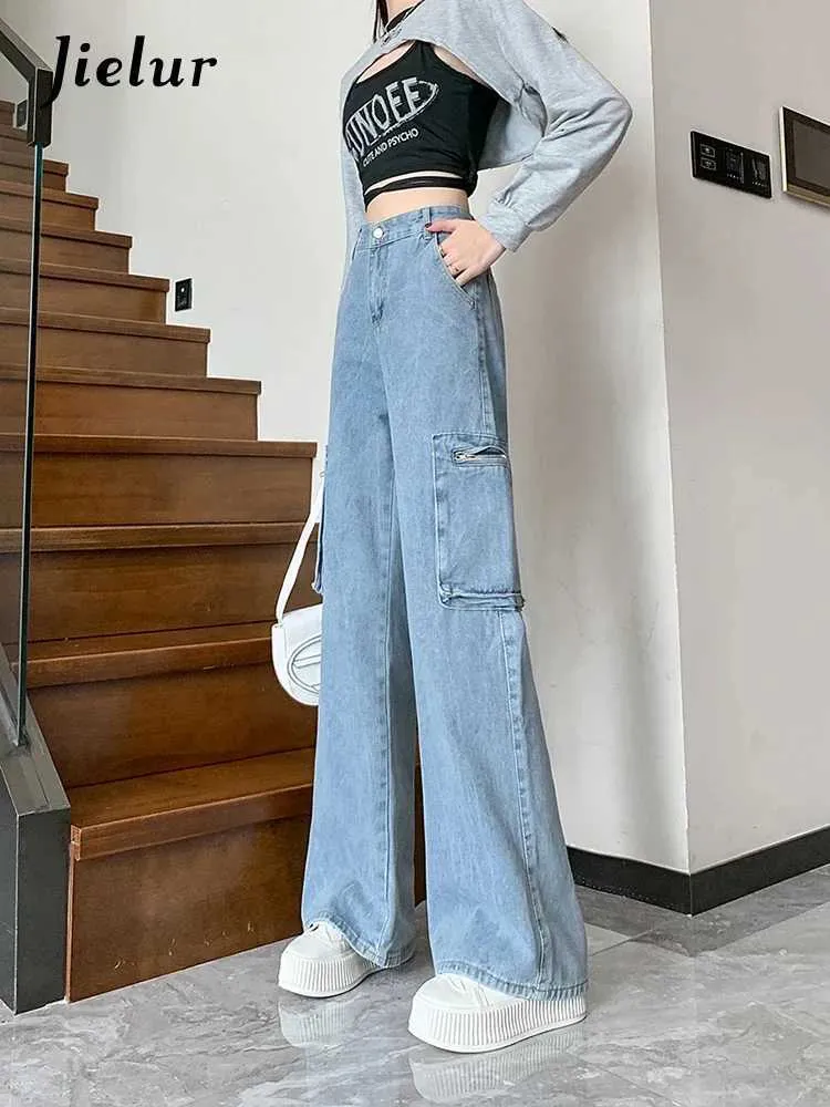 Kvinnors jeans jielur retro amerikansk höst lös kvinnor jeans ljus blå hög midja casual kvinna jeans mode strt grundläggande raka ben byxor y240422