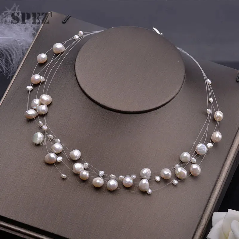 Collier de perles d'eau douce naturelle pour femmes Baroque Perle couches couche-cou fashion a accessoires de bijoux plaquées en or fermoir 240412