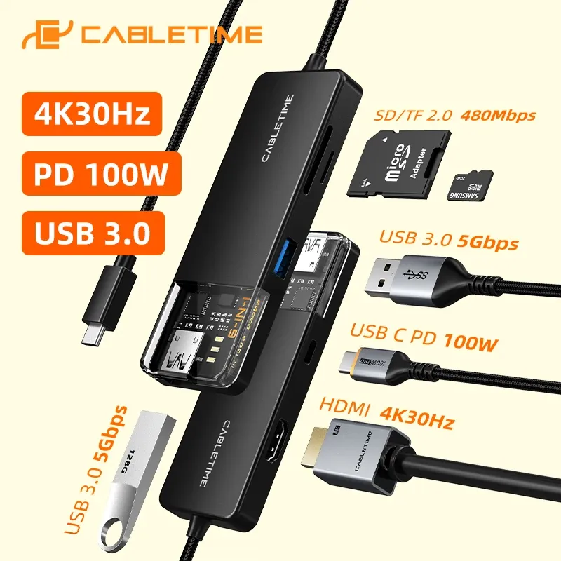 Hubs Cabletime 6 in 1 USB C Hub à PD 100W HDMI 4K 30HZ USB 3.0 5GBP