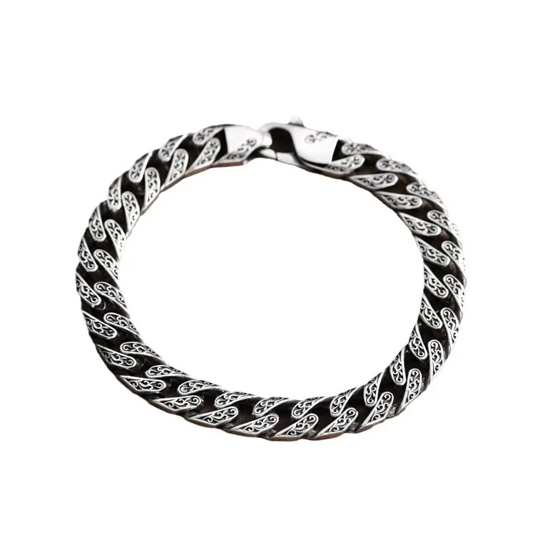 S925 sterling silver Cuban bracelet men's retro trendy birthday gift bracelet light luxury Tang grass pattern men's 9mm bracelet