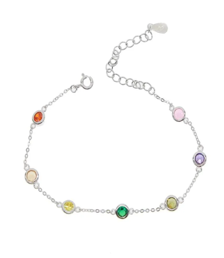 Rainbow Color CZ Station Armband Lünette Runde Scheibe Charme Buntes Sommergeschenk 925 Sterling Silvelr Mimniam -Ketten für Mädchen3723453