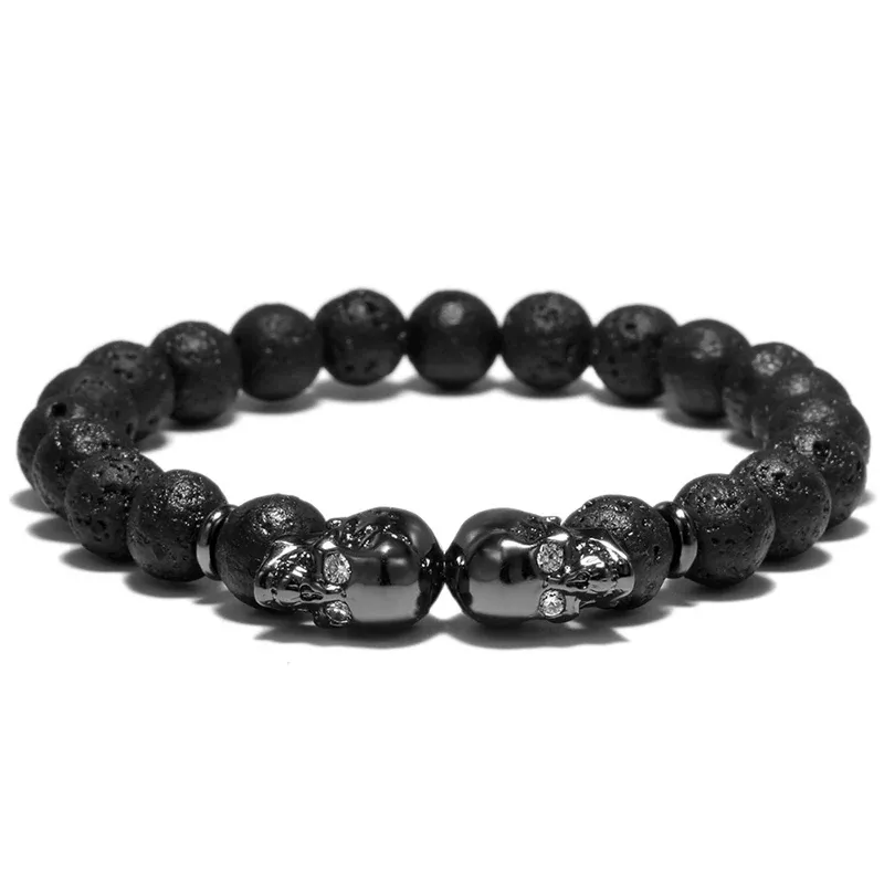 Strengen punk dubbele schedel hoofd ontwerp kralen armband 4 kleur natuursteen kralen lava braclet voor mannen motorrijder polsbandje sieraden homme