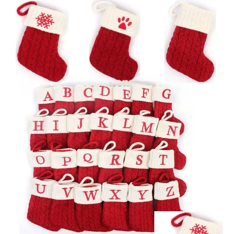 Décorations de Noël tricot bas 18x14cm chaussettes de flocon de neige rouge Alphabet 26 lettres de Noël