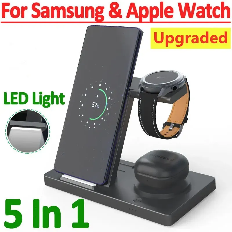 Laders 5 in 1 draadloze lader Standkussen voor iPhone 14 13 12 Samsung S22 S21 Galaxy Watch 5 4 Actief 2/1 Bud Fast Charging Dock Station