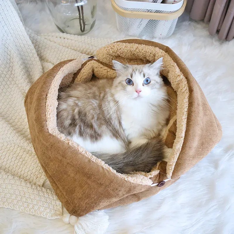 Mats Warm Cat Dog Bed Cat Sleeping Bag Deep Sleep Winter Dogs Cats Nest Cushion Removable Machine Washing Long Plush Pet Products