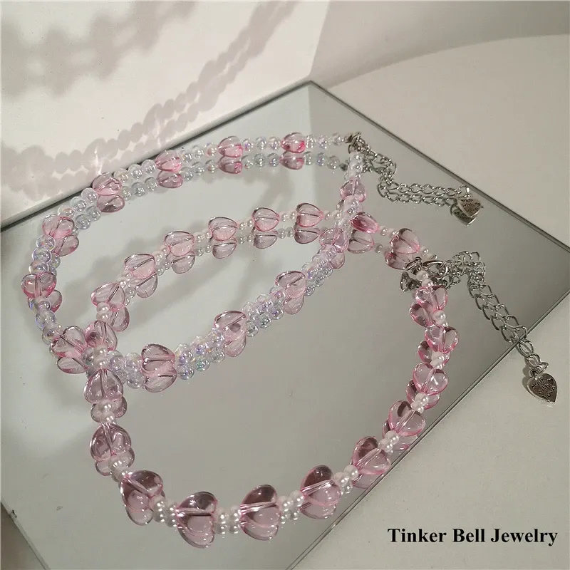 ネックレスkpopヴィンテージゴス90s y2k harajuku pink acrylic heart pearl beaded choker necklace for women collares美的グランジジュエリー