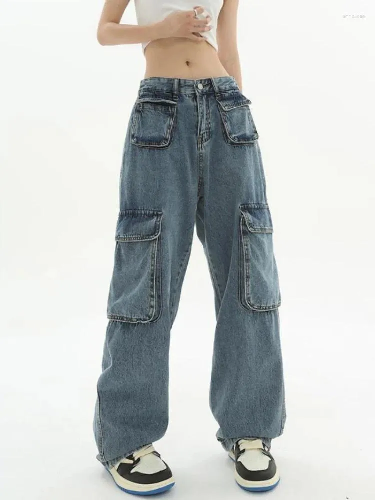 Jeans femeninos profundos ciudad vintage mujer holgada Moda coreana mezclada pantalones de carga de pierna ancha suelta cintura alta para unisex