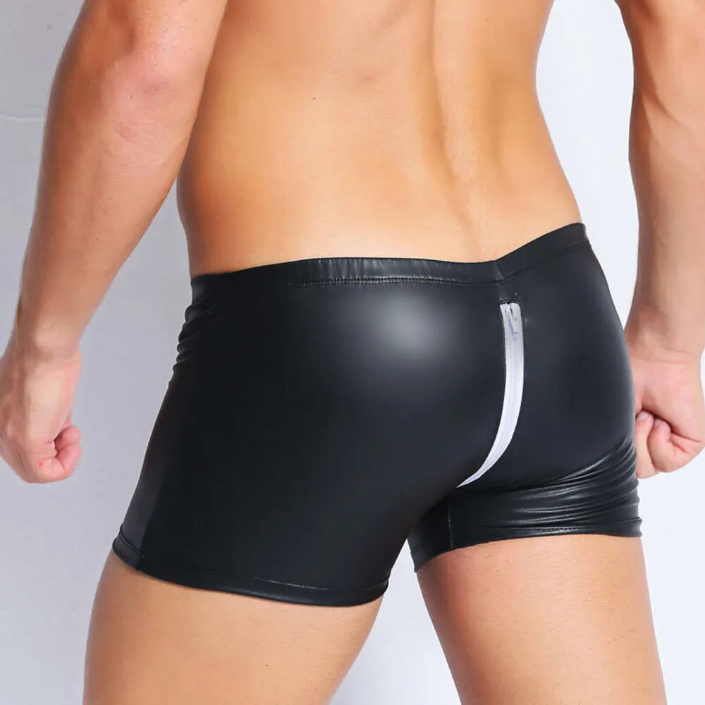 Sexy Ring Plus Size Reißverschluss Offener Schritt Boxer PVC Leder Bühne U Convex Beutel Gay Wear Jockstrap Erotische Dessous F27