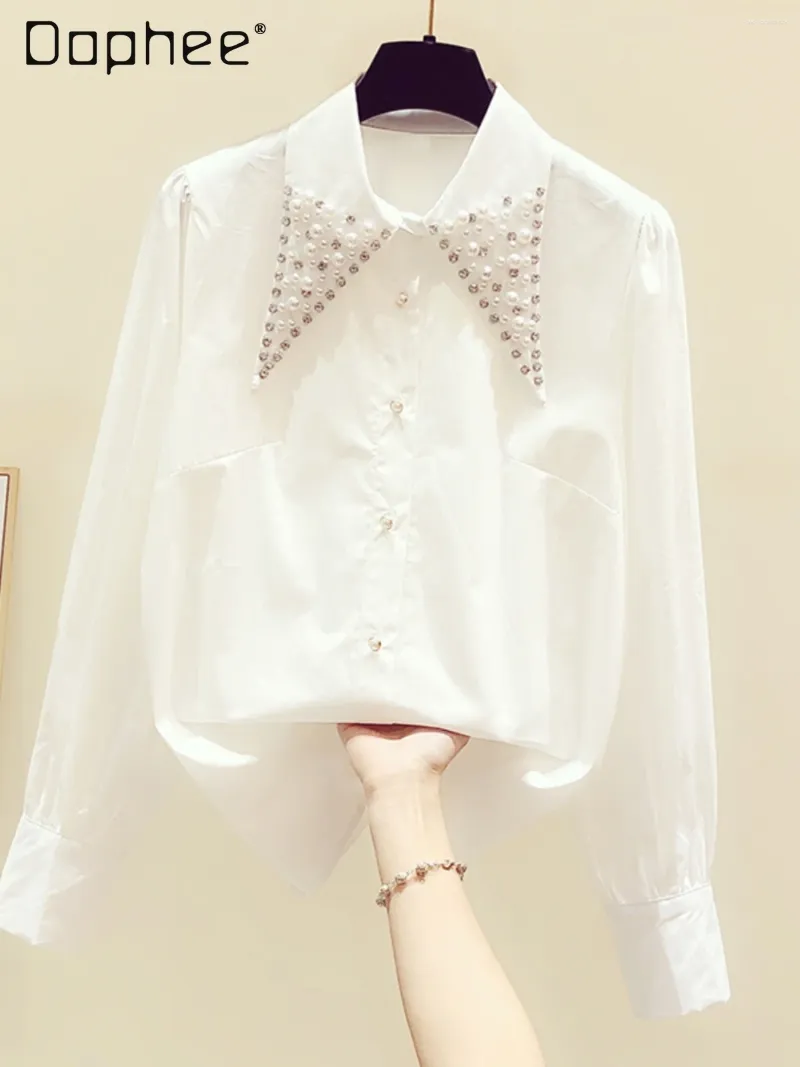 Women's Blouses Office Lady kralen Rhinestones White Shirt Spring herfst Koreaanse stijl Casual temperament pure kleur lange mouw vrouwen
