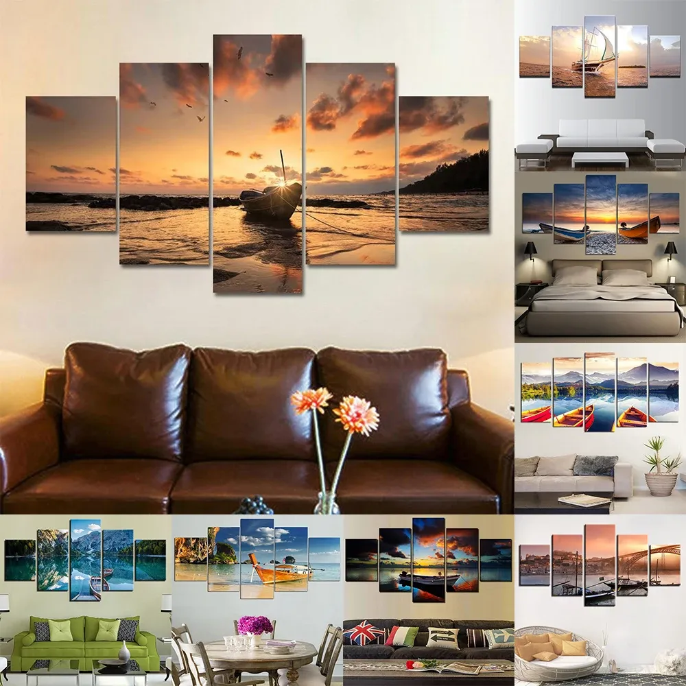 5 Paneel Boat Sea Pictures Gedrukt op Canvas Painting Landscape SeaScape SeaDing Posters and Prints Wall Art for Living Room Home Decor No Frame