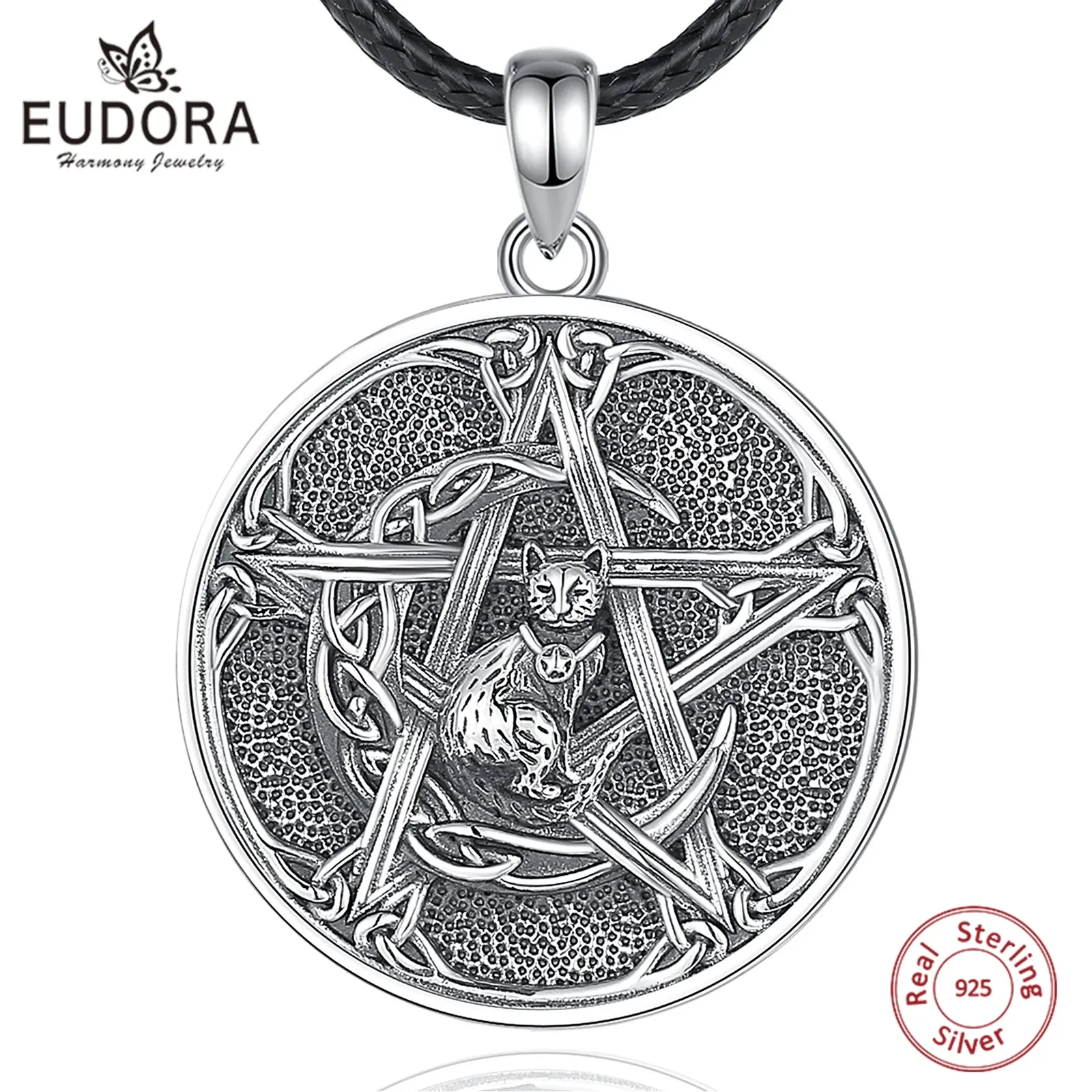 Halsband Eudora 925 Sterling Silver Pentagram Halsband Vintage Witch Knot Cat Amulet Pendant Witchcraft Jewelry Party Gift for Man Women Women