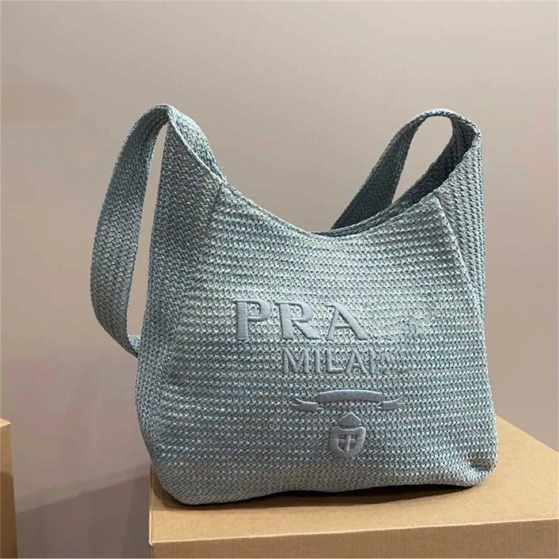 Tote bag high definition Embroidered letter single shopping underarm tote casual large capacity grass woven bucket beach